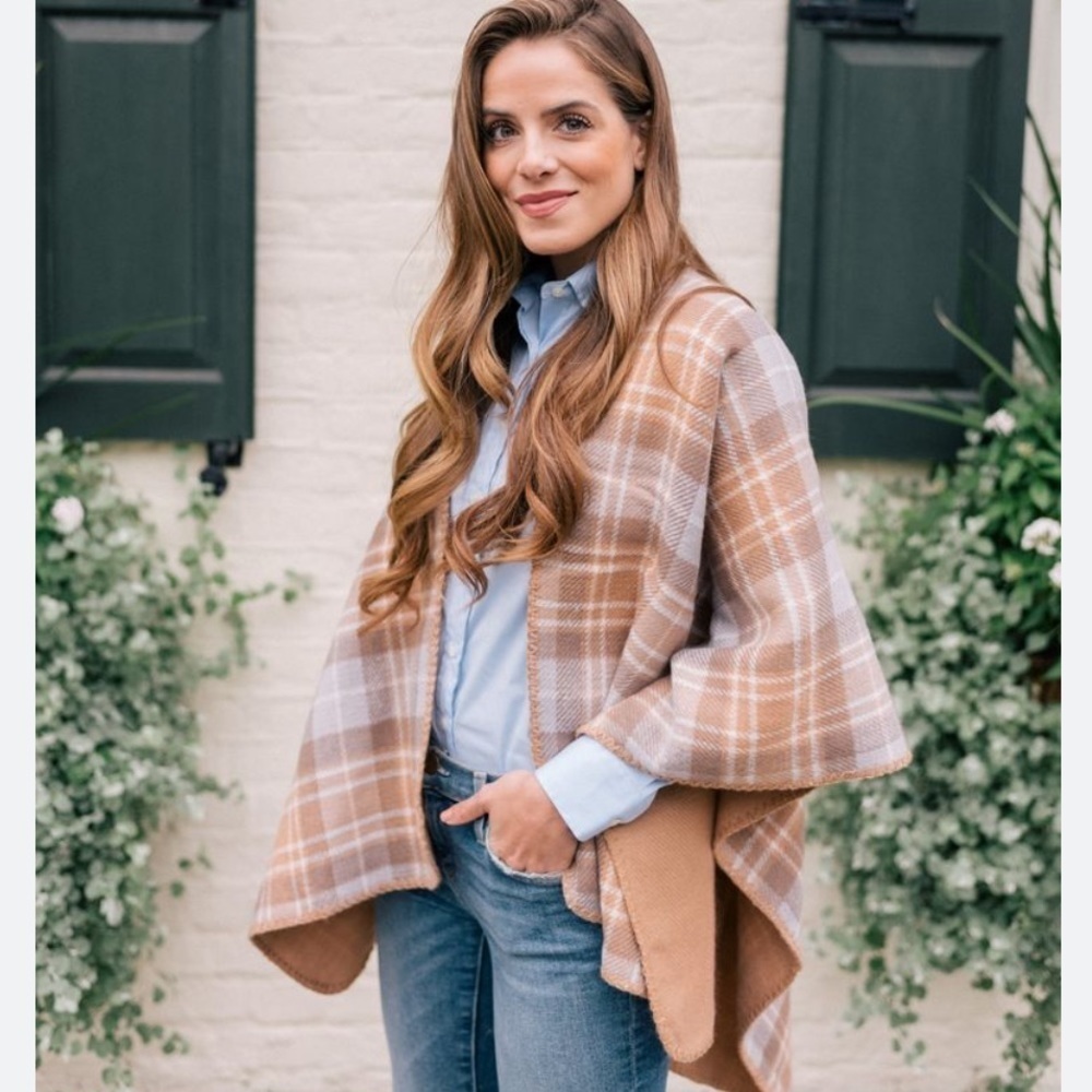 Look by M Womens Tan Plaid Shawl Vest Poncho Winter Wrap OS